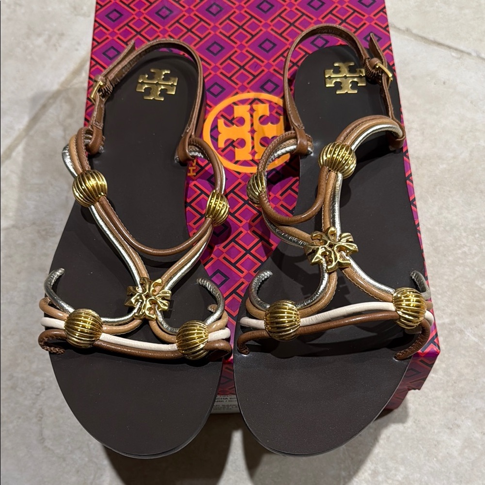 Tory Burch Gold and Brown Strappy Sandals